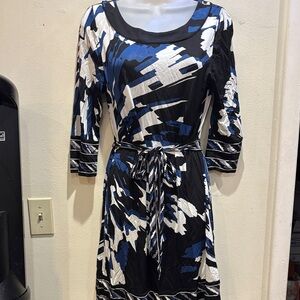 BCBGMaxAzria Blue and Black Abstract Long Sleeve Dress